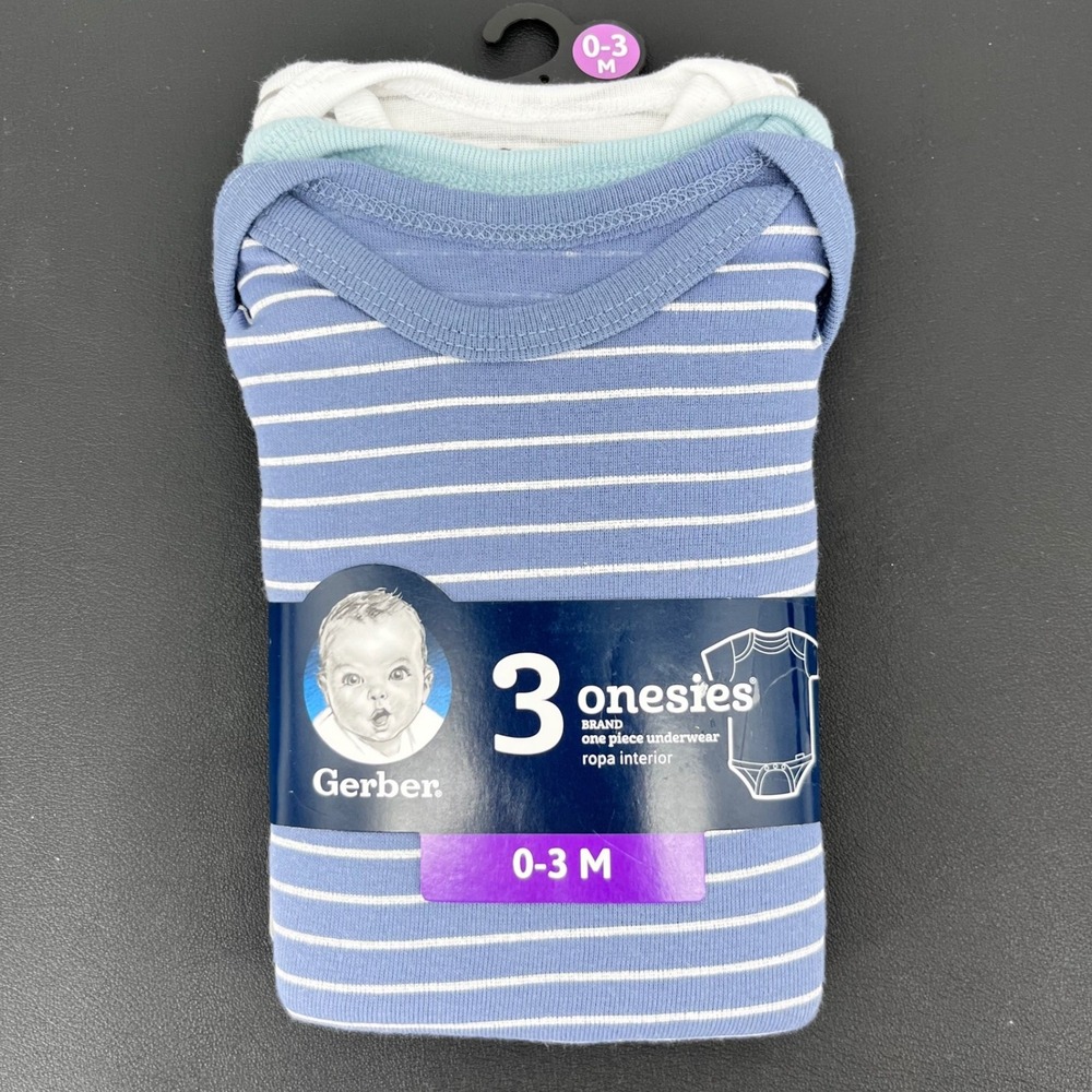 Gerber Onesies Bodysuits Baby Boys 0-3M Blue‎ White Striped 3 Pack Cotton Snaps
